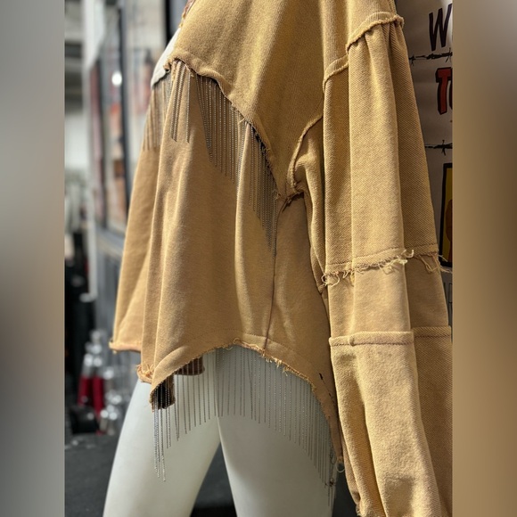 POL Metal Fringe Detailed French Terry Oversized Sweater Top - Mustard Size L - Picture 4 of 7